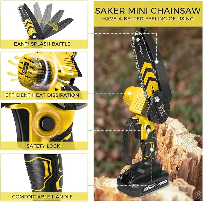 Saker Mini Chainsaw,6 Inch Portable Electric Chainsaw Cordless, Small Handheld Chain saw for Tree Branches,Courtyard, Household and Garden (SK1806D-Y)