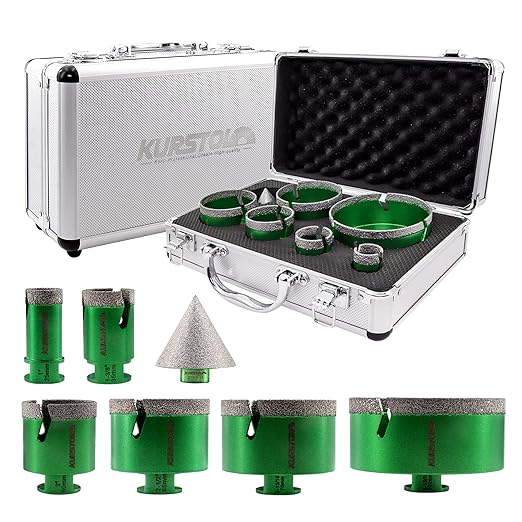 Tile Hole Saw Kit - 6pcs Diamond Core Drill Bits 25/35/50/65/75/102mm+1pc 2" Beveling Chamfer Bit 5/8-11" Thread for Shaping Enlarging Porcelain Ceramic Tile Granite Marble Angle Grinder