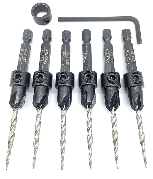 FTG USA 6 Pc #6 (9/64") Countersink Drill Bit Set with Depth Stop Collar, Hex Wrench - Tapered Drill Bits for Wood