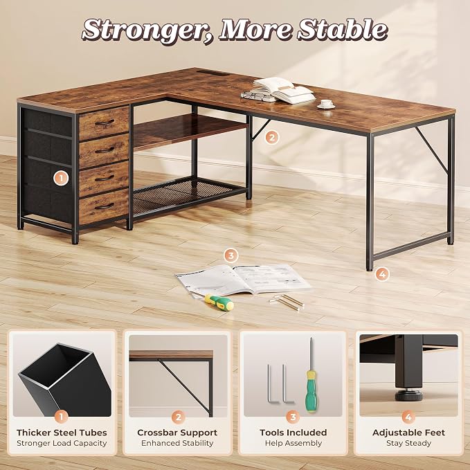 PRAISUN 61" L Shaped Desk with Power Outlets & USB-C Port, Reversible Computer - Image 8