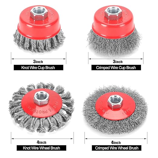 POLIWELL 12 Pack Wire Wheel Brush for Angle Grinder, 6pcs 4” Wheel Brushes, 6pcs 3” Cup Brush Set for 4 1/2 Grinders, 5/8 -11 Threaded Arbor, 0.020In Twisted Knotted Carbon Steel for Removal Rust
