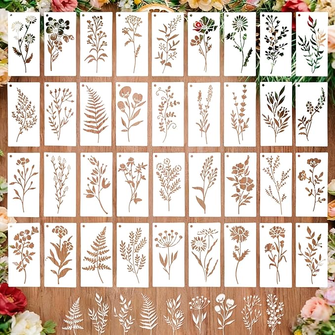 36 PCS Flower Stencils for Painting on Wood, 6x3 Inch Reusable Wildflower by Ceblish