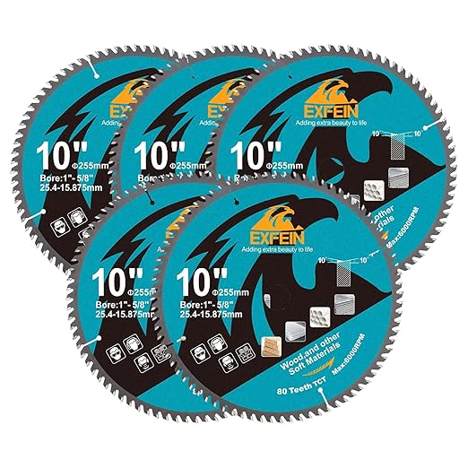 10 Inch Miter/Table Saw Blades 5pcs, 80 Teeth ATB TCT Fine Finish Wood Cutting Circular Saw Blade with 1 Inch Arbor