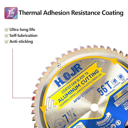 Aluminum Cutting Circular Saw Blade, Medium Aluminum,The Cutting Head uses a Special Anti-Heat Sticking Coating with high Finish and Long Life,NFM 7-1/4 inch 56-Tooth 5/8" -TA