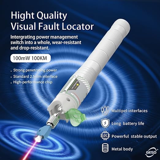 100KM Visual Fault Locator for Fiber Optic Cables, High-Power VFL Tester with FC/ST/SC/LC Support, Long-Range Fault Finder & Light Pen Tool for FTTH, Telecom, Datacenters, OTDR, Industrial Networks