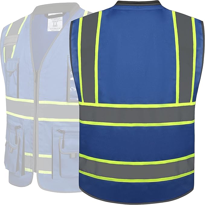 JKSafety 10 Pockets Hi-Vis Zipper Front Fluorescent Blue Safety Vest | Cushioned Collar | High Reflective Tapes with Extended Neon Yellow Strips | Meets ANSI/ISEA Standards (3X-Large, 89-Blue)