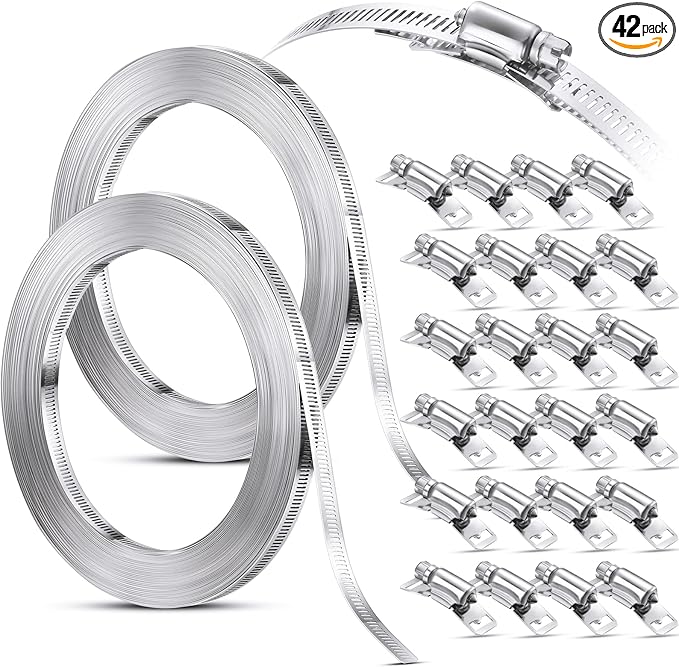 Ripeng Hoses Clamps Worm Duct Clamps Stainless Steel, Large Adjustable Pipe Hose Worm Drive fastener Device for Intercooler Pipe Plumbing Tube and Fuel Line(200 FT,42 Pcs)