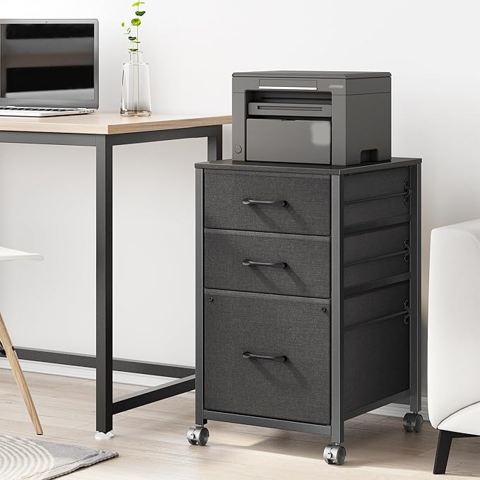 Raybee 3 Drawer File Cabinet Printer Stand Filing Cabinet Rolling File Cabinets for Home Office Fabric Vertical Office Storage Cabinet Fits A4, Legal, Letter Size, 16.7" D*16" W*26.8" H, Black