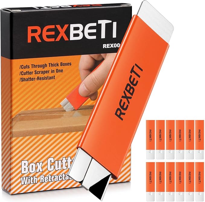 REXBETI 12 Pack Box Cutter, Retractable Cardboard Cutter, Razor Blade Scraper, Handy Box Opener, More Sharp Single Edge Razor Blade Box Cutter Set for Packages Papers and Boxes, Antirust Utility Knife
