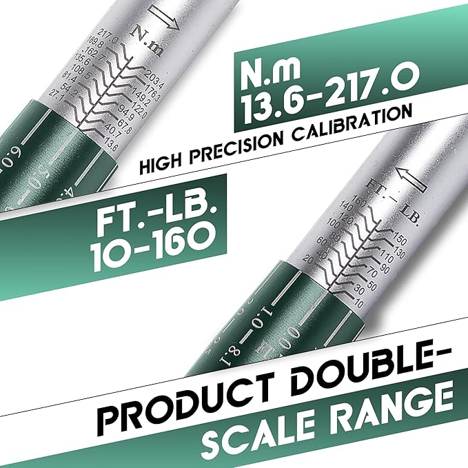 1/2-Inch Drive Click Torque Wrench, Torque Wrench 1/2 Drive 10-160FT.LB/13.6-217N.M with a XIPE Storage Tray, Green
