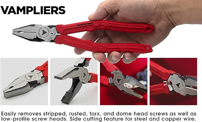 VAMPLIERS 9" Side Cutting Linemans Pliers with Crimper. Made in Japan. Heavy Duty High Leverage Design Screw Extractor Jaws
