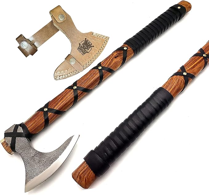SHINY CRAFTS | Custom Handmade Carbon Steel Viking Axe,Valentine's Day Gift,Christmas Gift,Birthday gift for him with Premium Leather wrapped Handle and Leather Sheath (SCA-15)