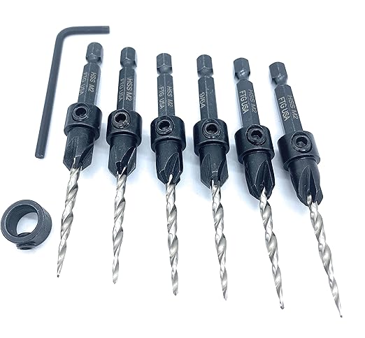 FTG USA 6 Pc #6 (9/64") Countersink Drill Bit Set with Depth Stop Collar, Hex Wrench - Tapered Drill Bits for Wood