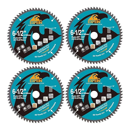 6-1/2 Inch Miter/Table Saw Blades 4pcs, 60 Teeth ATB TCT Fine Finish Wood Cutting Circular Saw Blade with 4/5|5/8 Inch Arbor