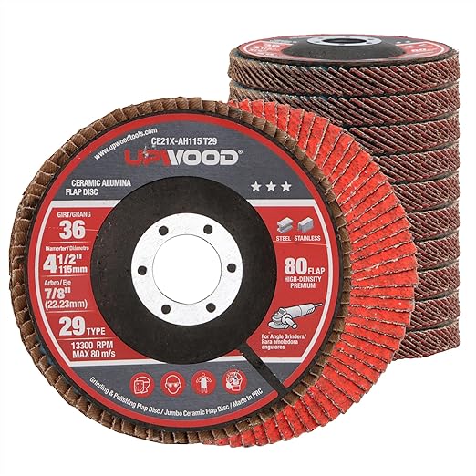 10 Pack Ceramic Flap Discs 4-1/2" x 7/8" Arbor for Angle Grinder, 36 Grit Type 29