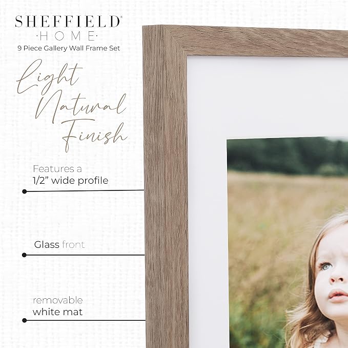Sheffield Home 9 Piece Gallery Wall Frame Set, 11x14 Inch, Light Natural - Image 4