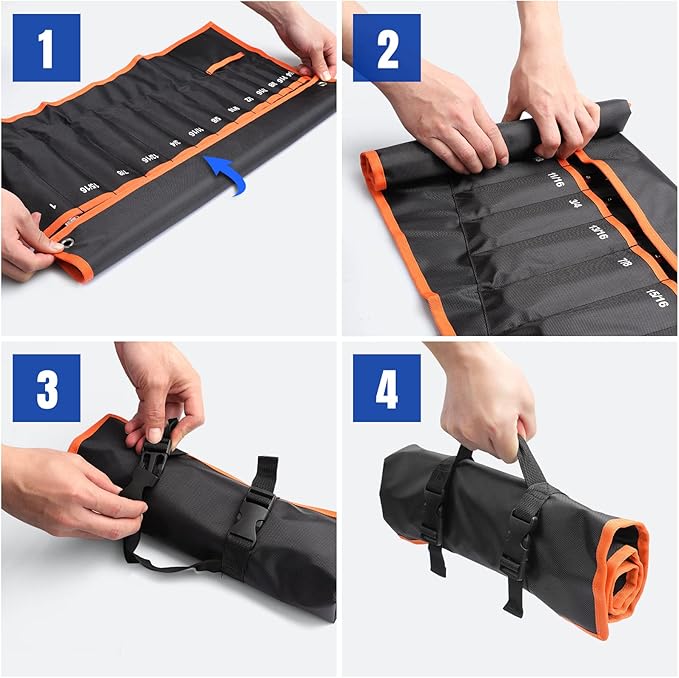 YOOFAN Wrench Roll Up Pouch – Wrench Organizer with 13+1 Pockets, Wrench Bag with handle, Wrench Holder for Hanging, Orange - SAE