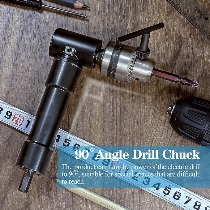 Cordless Right Angle Drill Adapter, 90 Degree Adapter Drill with 3/8" Keyed Chuck and 8mm Hex Shank Power Tool Attachment (Chuck Range: 1mm-10mm)