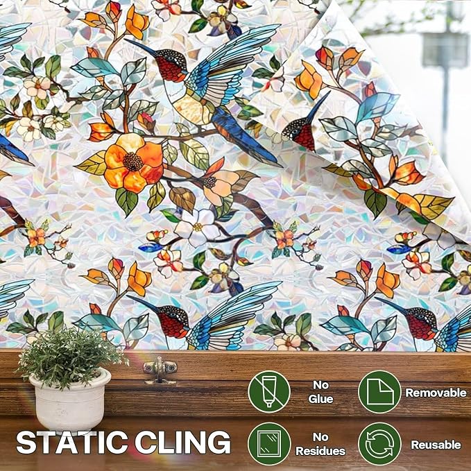 Stained Glass Window Film UV Resistant Window Privacy Film, Hummingbird Floral - Image 7