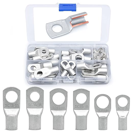 Wirefy 30 PCS Tinned Copper Wire Lugs Kit - Battery Lugs - Crimp Battery Cable Ends - Ring Terminals - 6-2 Gauge