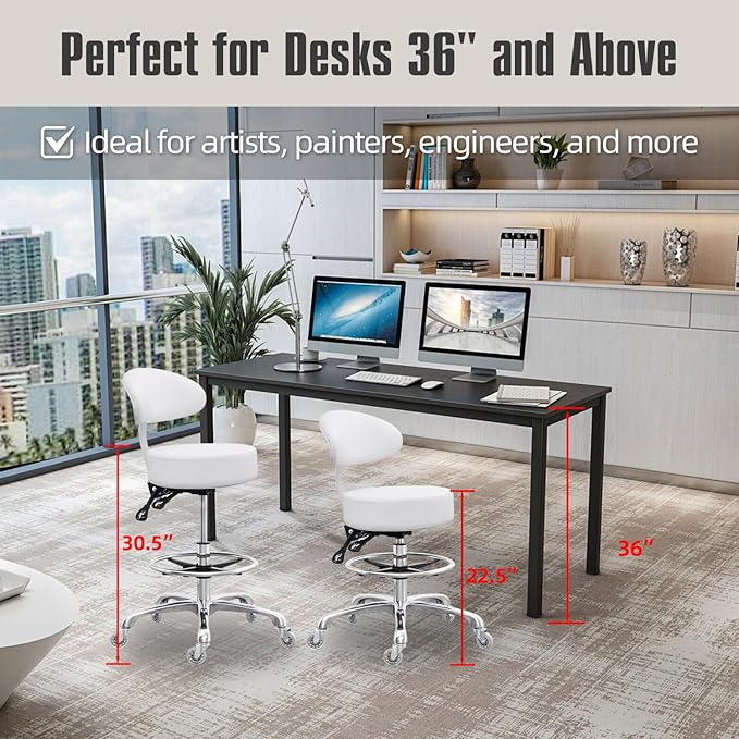 Grace&Grace Drafting Chair Big Cushion Rolling Stool with Back, Tall Shop Stool Rolling Chair with Footrest for Studio, Workshop, Classroom, Lab, Counter, Home Office (White)