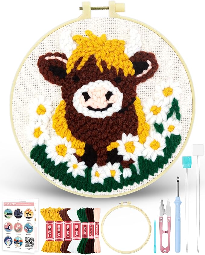 FIVEIZERO Punch Needle Kit for Beginners, Highland Cattle Punch Embroidery Kit by FIVEIZERO