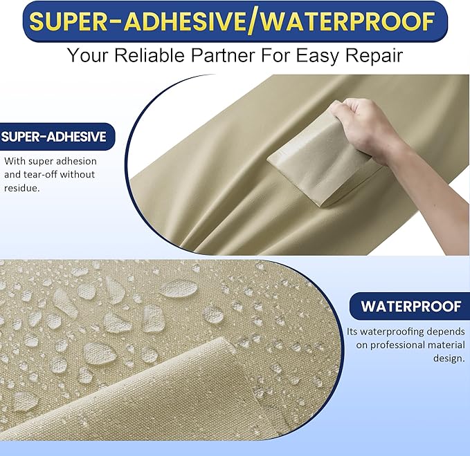 Self-Adhesive Canvas Repair Tape, 4" x 79" Waterproof Canvas Repair Patch, Fabric Patch Repairs Kit for Furniture, Tents, Sunbrellas, Boat Covers Awnings, Couches, Clothes, Bags Khaki