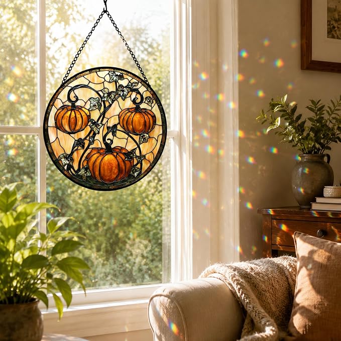 Orange Pumpkin Acrylic Suncatcher Faux Stained Glass Window Hanging 6.3" | - Image 4