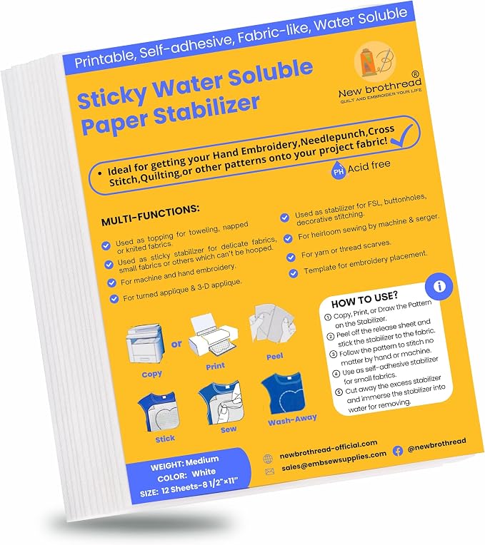 New brothread 12PCS 8.5"x11" Sticky Water Soluble Embroidery Stabilizer by Newbrothread