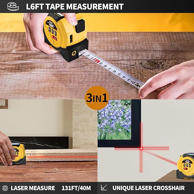 Laser Tape Measure 3 in 1 Laser Rangefinder Tape Measure 135ft Laser Measuring Tape & 16ft Tape Measure for Pythagorean, Area, Volum, Multi-Unit Conversion (Ft/Ft+in/in)