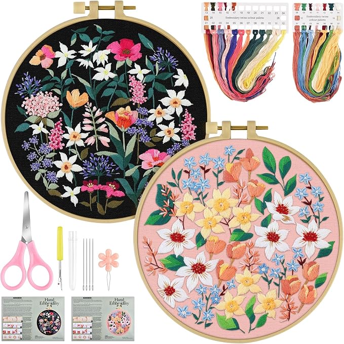 ERKOON Embroidery Kit for Beginners Adult, 2 Set Floral Cross Stitch Set by ERKOON
