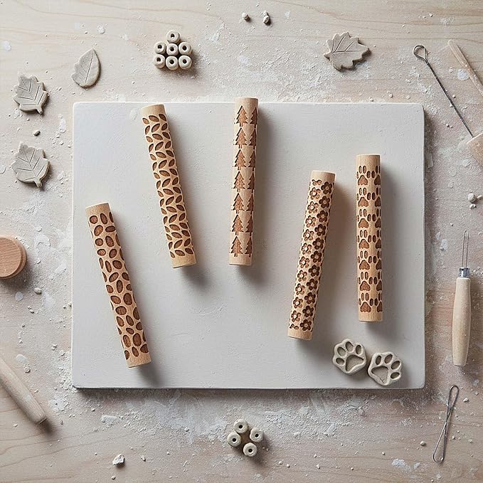 5 PCS Wooden Clay Texture Rollers Set, 100mm Pottery Pattern Rolling Pins - Image 4