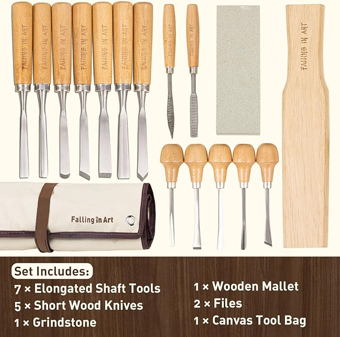 Falling in Art 16 Pcs Wood Carving Tools, Professional Carving Knives Chisel Set, Including Sharpening Stone, Mallet and Storage Bag for Wood Carving Projects