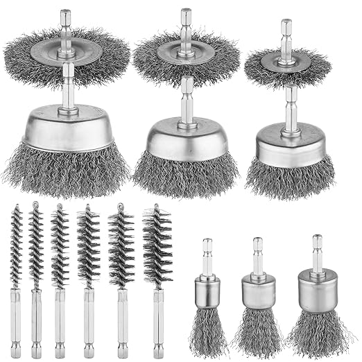 Rocaris 15 Pcs Carbon Steel Wire Wheel Brush, Cup Brush, Wheel Brush, Pen Brush, Bore Brush Set with 1/4-Inch Shank for Rust Removal, Corrosion and Scrub Surfaces