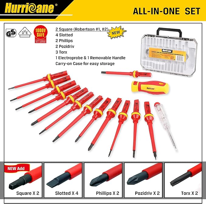 HURRICANE 1000V Insulated Screwdriver Set, 15pc All-in-1 Professional Insulated Electrician Screwdriver Set CR-V Magnetic Robertson Square Phillips Slotted Pozi Torx Insulated Electrician Tool Kit