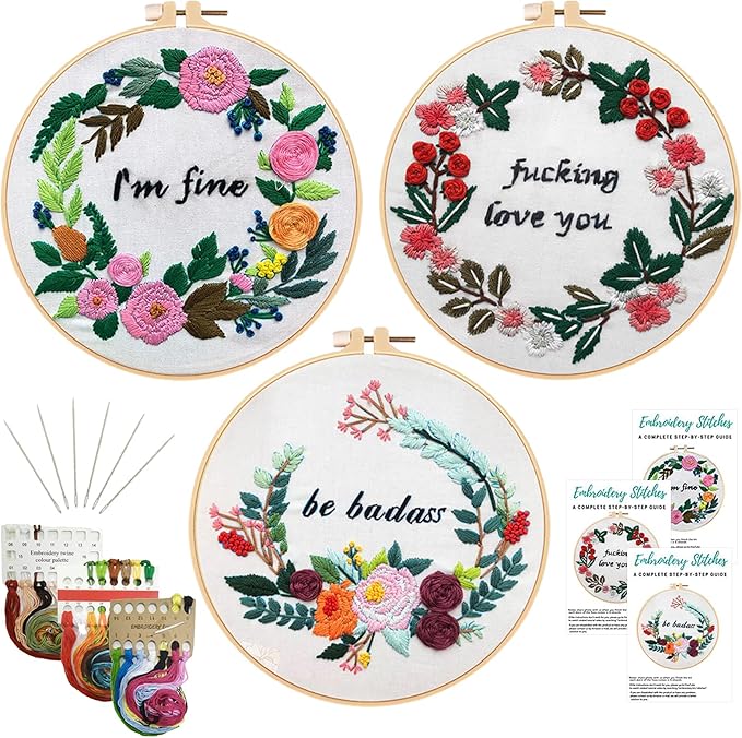 Nuberlic 3 Pack Funny Embroidery Kit, Handmade Cross Stitch Starter Kit by Nuberlic
