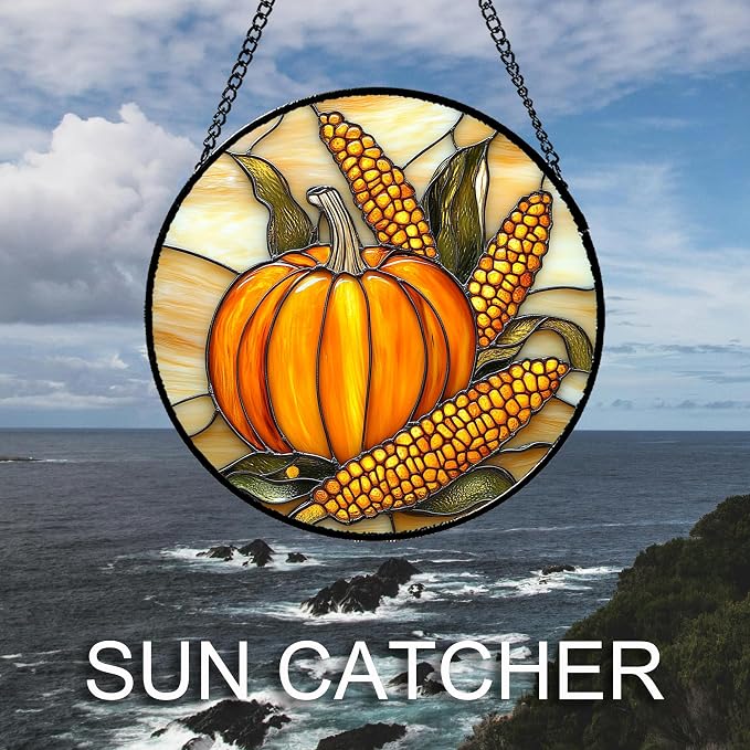 DASTOLL Stained Glass Window Hanging Autumn Harvest Pumpkin Corn 6.3" - Image 2