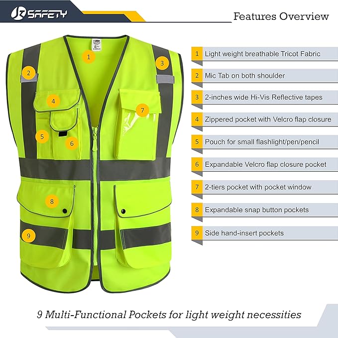 JKSafety 9 Pockets Class 2 High Visibility Zipper Front Safety Vest With Reflective Strips, Yellow Meets ANSI/ISEA Standards (3X-Large-150-Yellow)