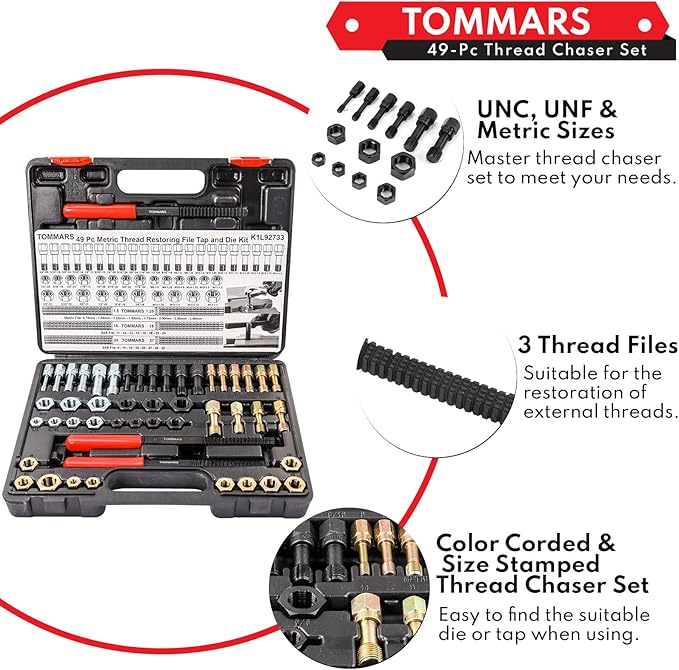 TOMMARS 49-Piece Thread Chaser Set Repair Kit, UNC UNF & Metric with Taps, Dies, and Thread Files for Rethreading and Restoration