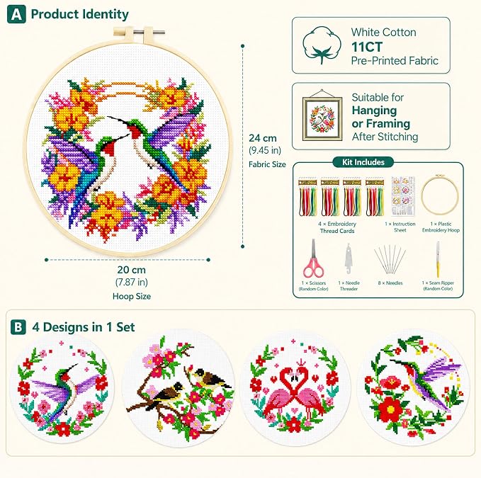 Zhenqing Cross Stitch Kit for Beginners 4 Pack Bird Floral Embroidery Kit 11CT - Image 4