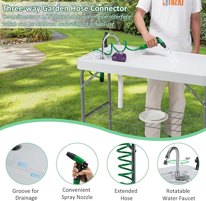 Dragosum Outdoor Sink Fish Cleaning Table Portable Camping Table with Faucet Hose Hook Up Grid Rack, Fish Fillet Camping Sink Table with 7pc Fish Cleaning Kit for Picnic Beach Patio(Grey)