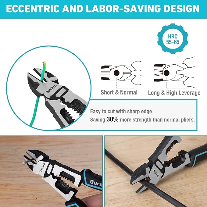 DURATECH 4-in-1 Diagonal Cutting Pliers, 8" Multifunction Heavy Duty Side-Cutting Pliers with Wire Stripper, Wire Cutters with Ergonomic Handle for Electricians and Homes
