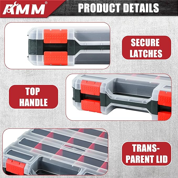 AMM Tool Box, Double Side Tool Box Organizer with 34 Compartments, Removable Dividers, Tackle Box Small Parts Screw Hardware Organizer for Screws, Nuts, Nails and Bolts (1 Piece, Red)