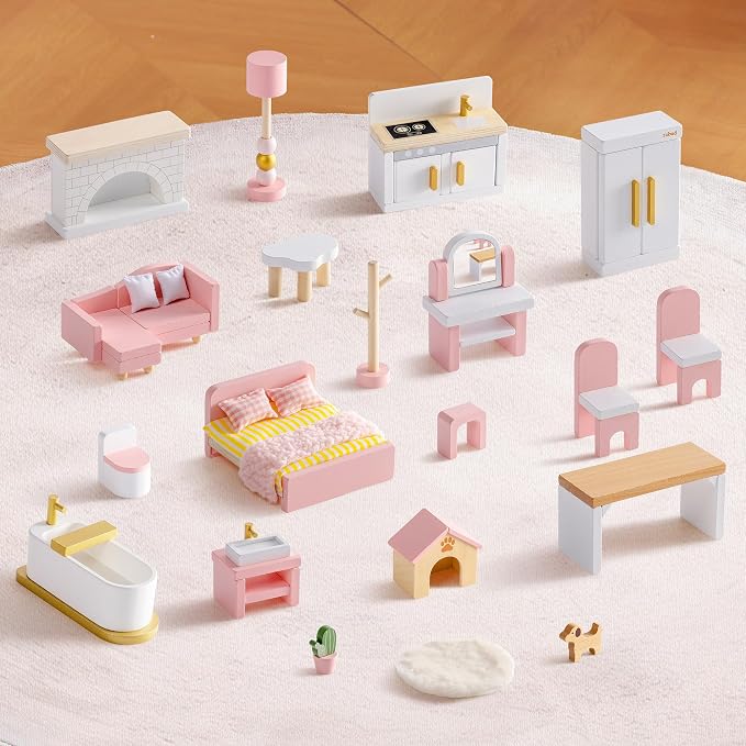 ROBUD Wooden Dollhouse Furniture Set, Miniature Furniture Including 6 Room Kits - Image 8