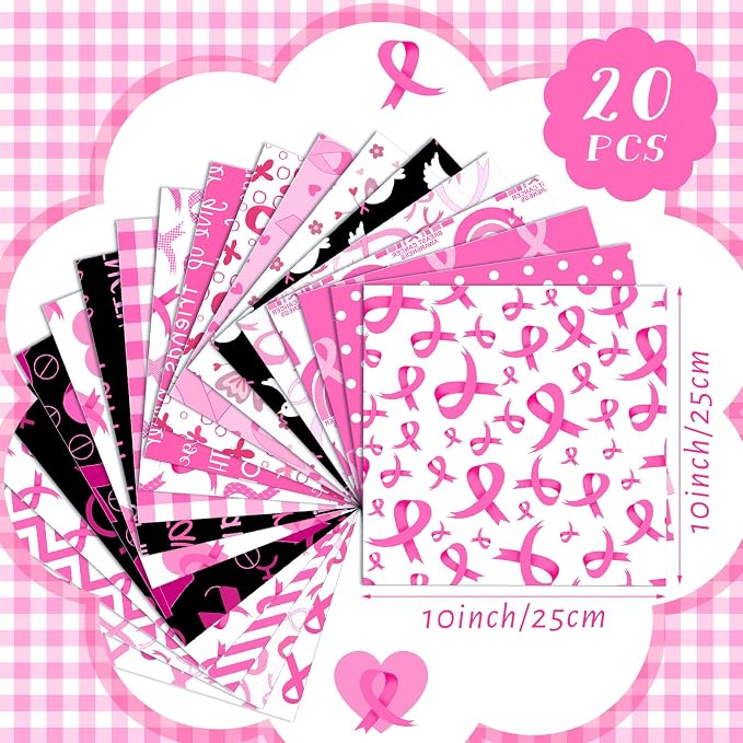 HunnmingRe 20 Pcs 10''x10'' Pink Ribbons Quilting Fabric Square Breast Cancer - Image 2