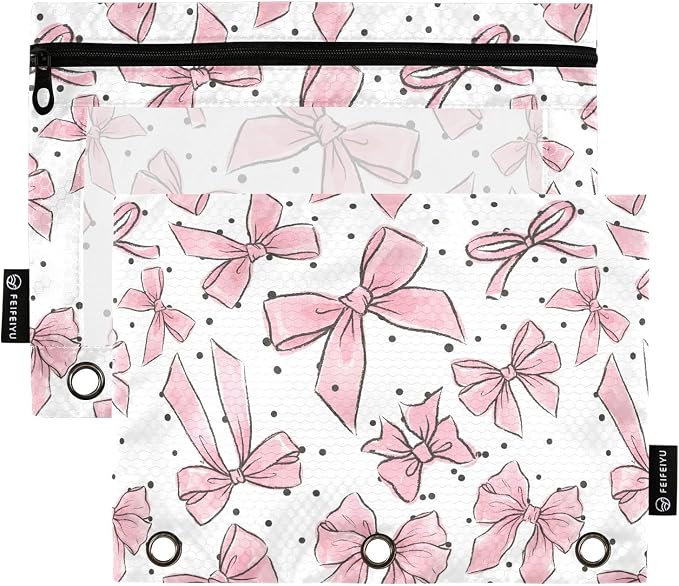 Cute Bows Pink Pencil Pouch for 3 Ring Binder, 2 Pack Waterproof Pencil Bags by BOENLE-WELCOMEYOURCOMING