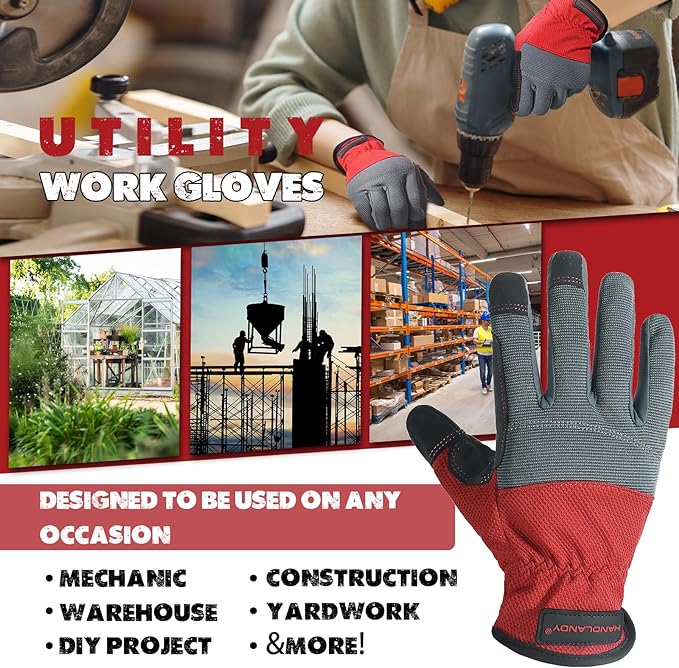 HANDLANDY Work Gloves for Men & Women, Utility Mechanic Working Gloves Touch Screen, Flexible Yard Work Gloves