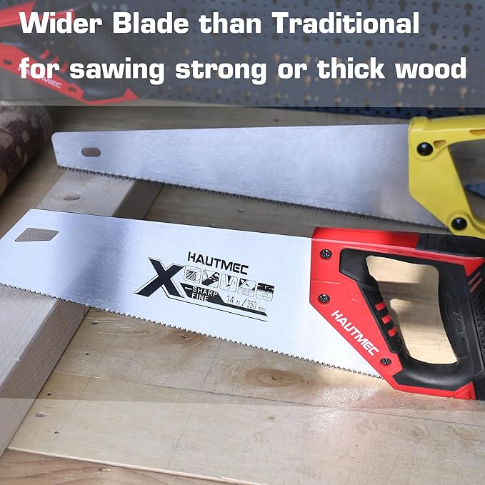 HAUTMEC 14-Inch X-Sharp Pro Hand Saw, Universal Wood Saw with 12 TPI Triple Ground Teeth, Thickened Carbon Steel Blade & Ergonomic Handle, Multi-Use Handsaw for Wood, Plastic, Drywall, PVC – HT0295