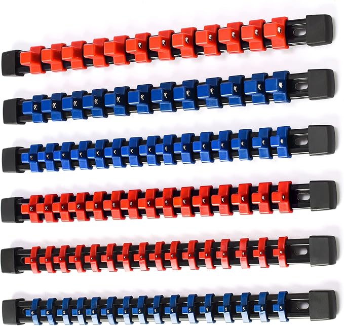 ALOANES 6 PC Socket Organizer - ABS Socket Racks, 1/2 -, 3/8 - & 1/4 inch Drive Rail Holders, Heavy Duty, Black Rails with Red & Blue Clips