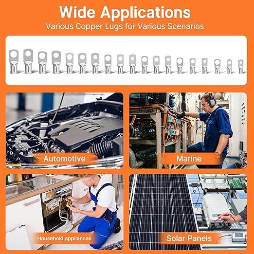 Kuject 220PCS Tinned Copper Wire Lugs Kit AWG 1 2 4 6 8 1/0 2/0 Gauge, Heavy Duty Battery Cable Lug Ends, Ring Terminal Connectors Assortment with 110PCS 3:1 Heat Shrink Tubing